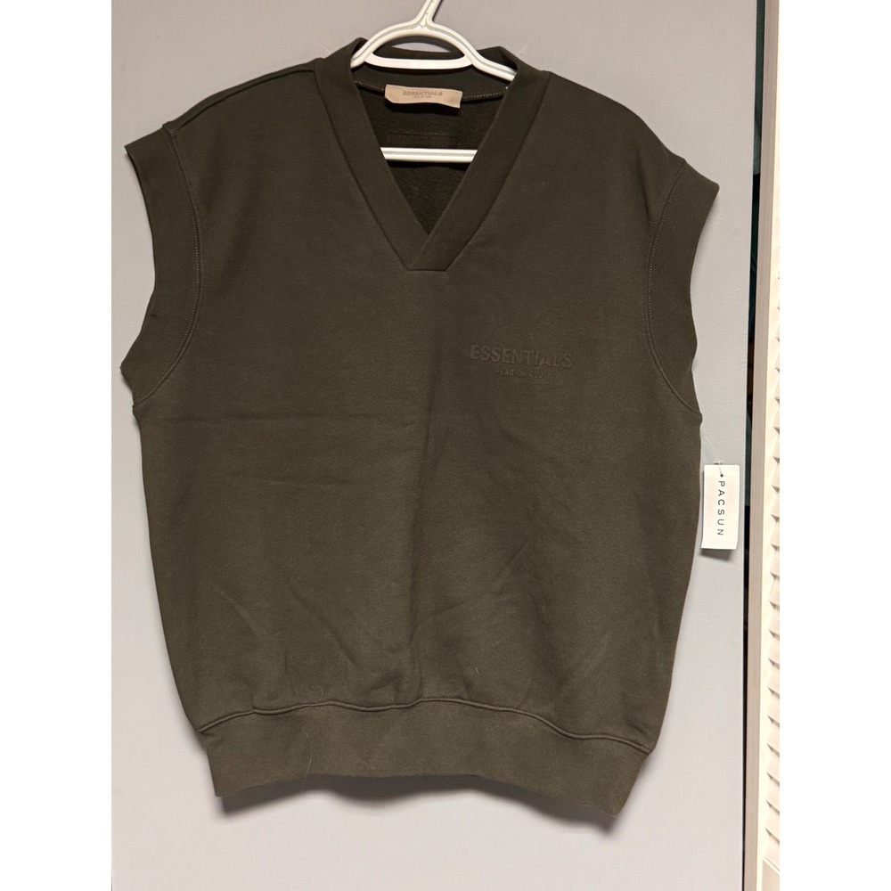 Fear of God Essentials V-Neck Sleeveless Sweatshirt Off Black/Green Small NWT